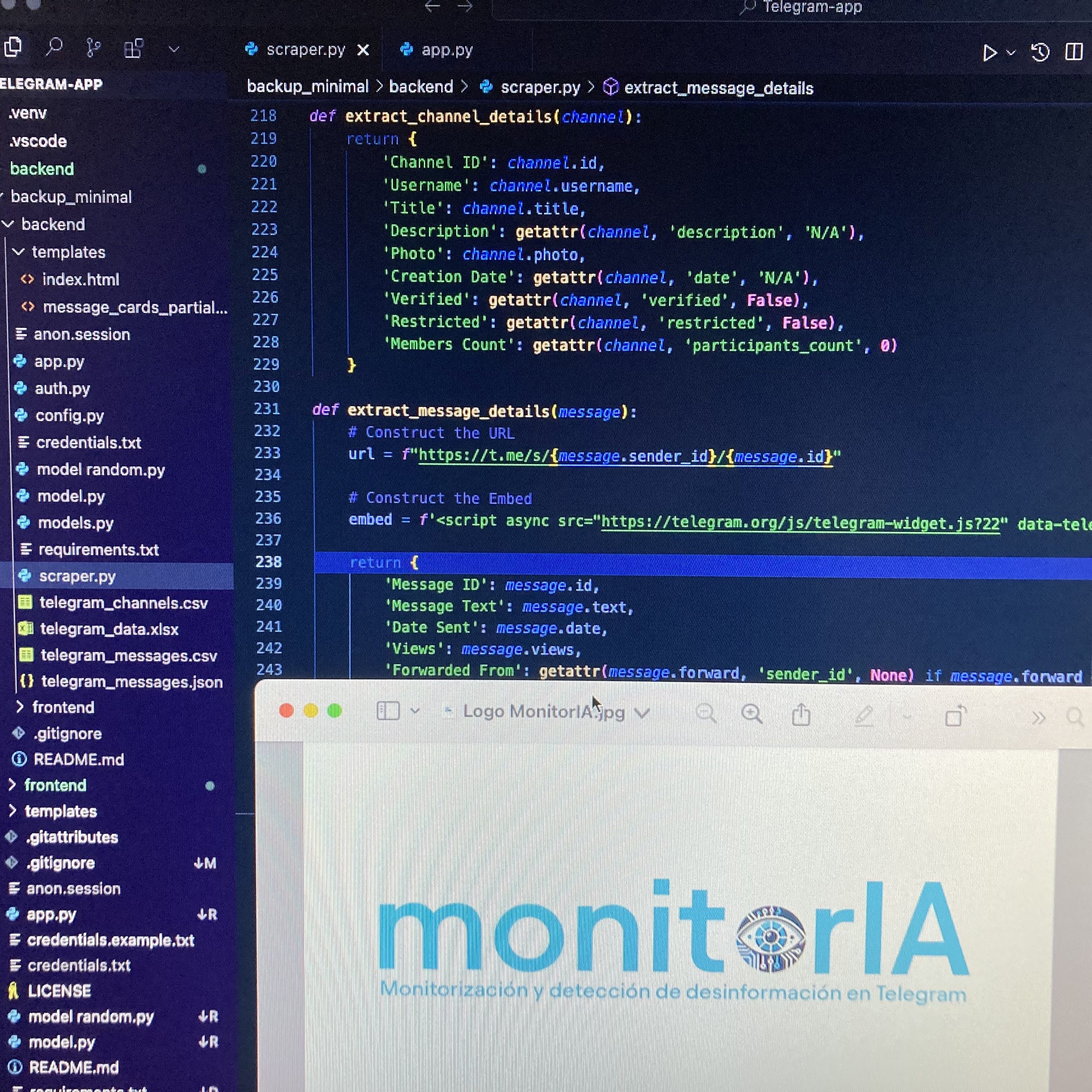 Código en pantalla mostrando detalles de extracción de mensajes en la herramienta MonitorIA para la detección de desinformación en Telegram, con el logo de MonitorIA en el fondo.